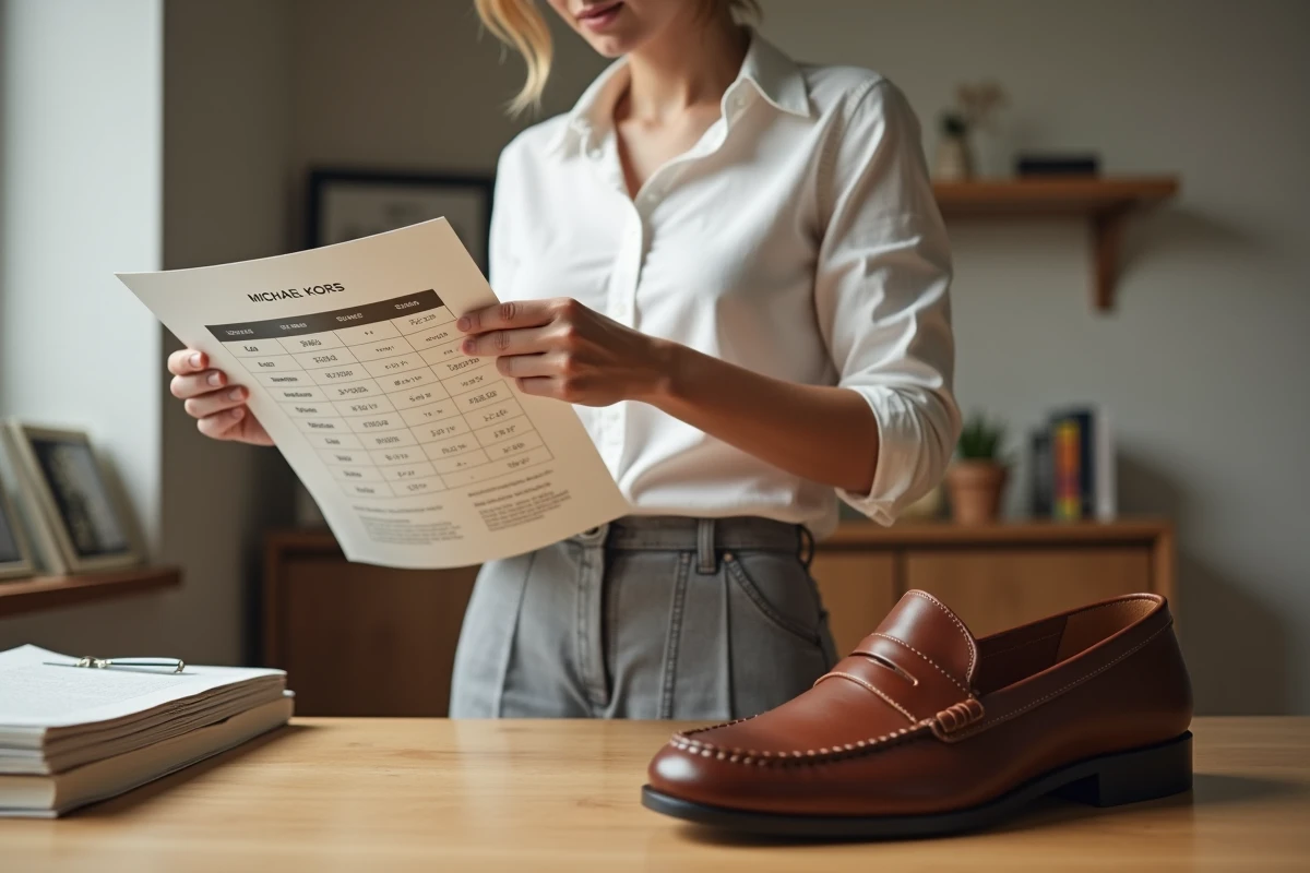 Femme comparant une chaussure Michael Kors avec un guide des tailles pour choisir la bonne pointure