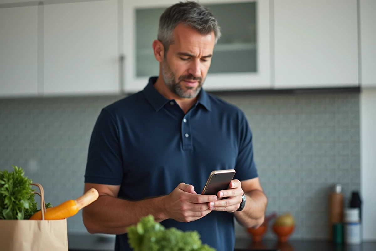Homme consultant une facture Carrefour dématérialisée sur smartphone dans une cuisine moderne