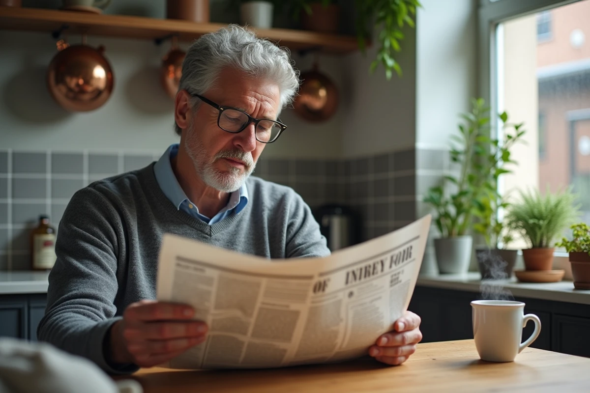 Homme lisant le journal du matin avec un café dans une cuisine chaleureuse