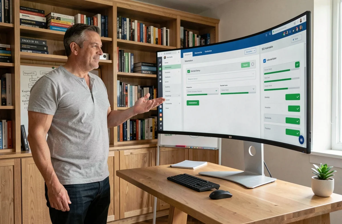 Homme debout devant un grand écran affichant un outil d'automatisation de soumissions SEO dans un bureau à domicile bien équipé