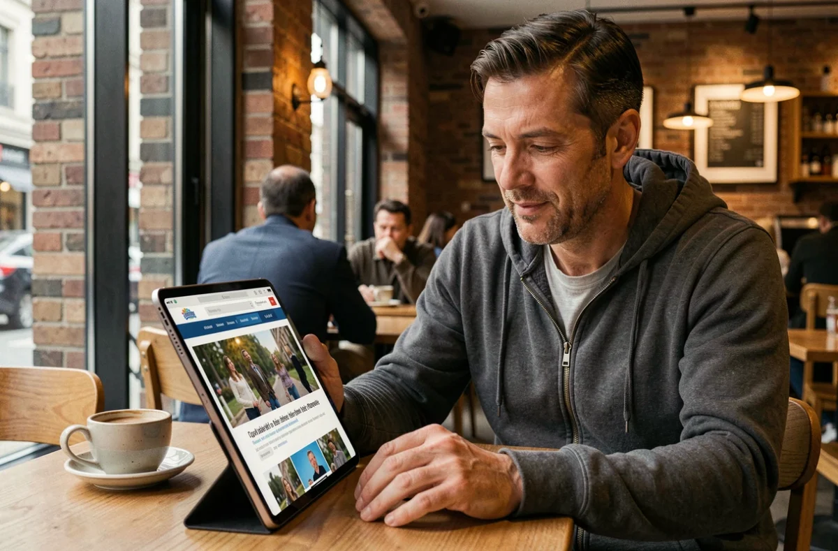Homme parcourant un site de divertissement français sur une tablette dans un café urbain