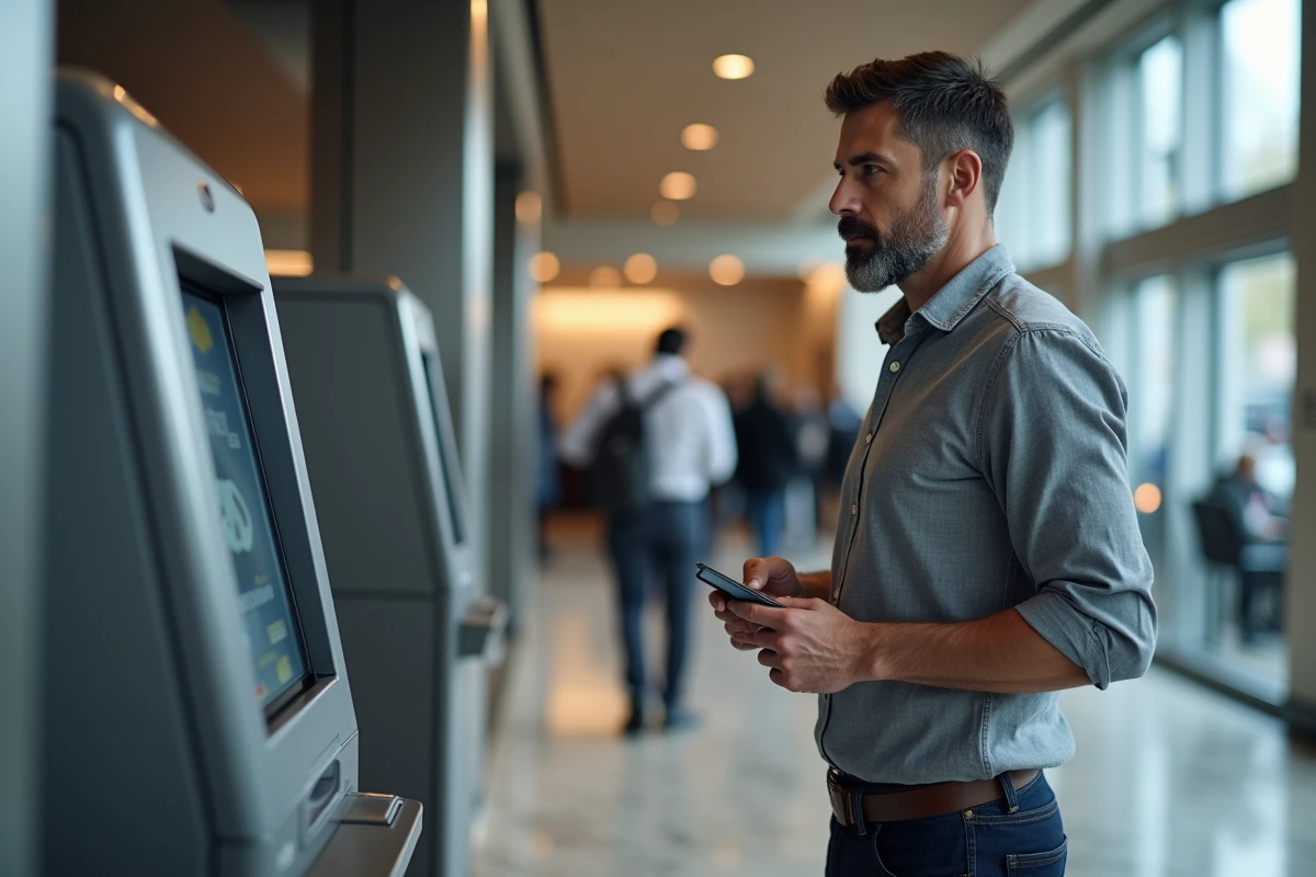 Homme utilisant un terminal bancaire en agence pour vérifier ses informations de compte et son code banque