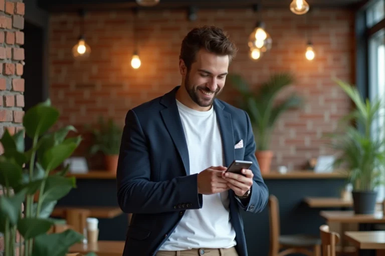 Homme élégant dans un café moderne avec smartphone