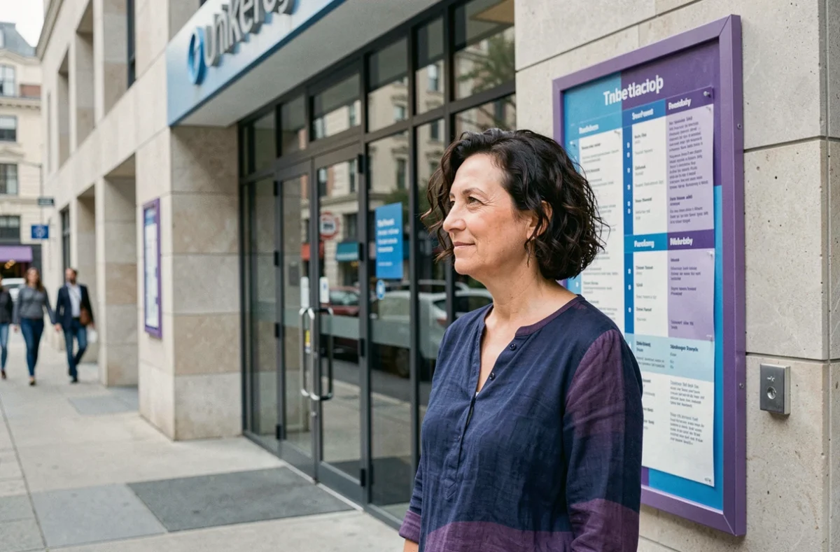 Femme consultant les horaires d'affichage à l'entrée du centre culturel Caro Bleue Violette