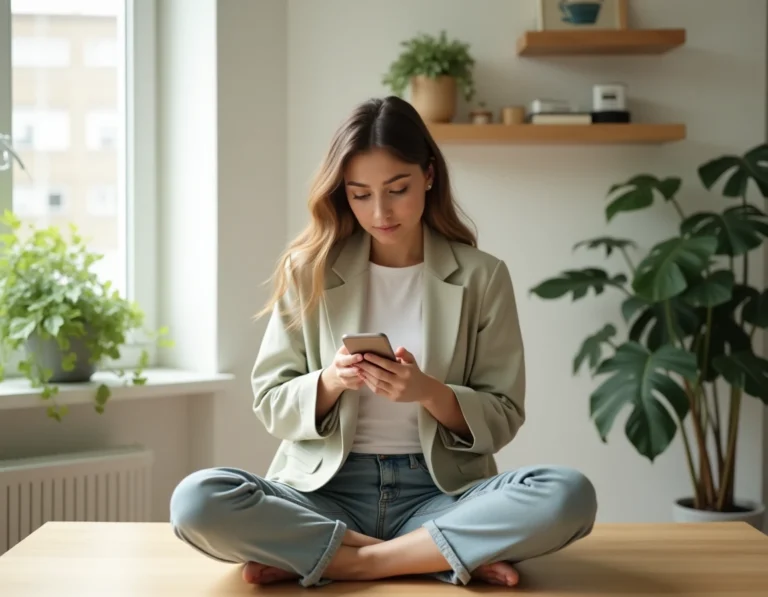 Jeune influenceuse digitale travaillant sur son smartphone dans un bureau minimaliste moderne, illustrant les tendances de l'influence digitale