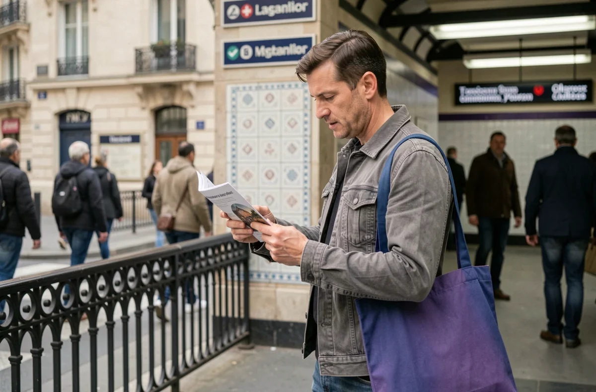 Homme consultant une brochure d'informations pratiques sur Caro Bleue Violette près d'une station de métro