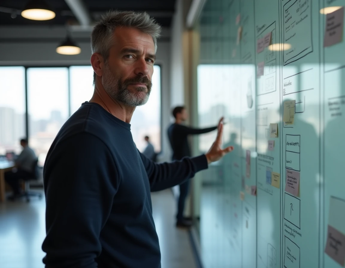 Développeur web masculin présentant un prototype d'application sur un tableau blanc dans un bureau tech moderne