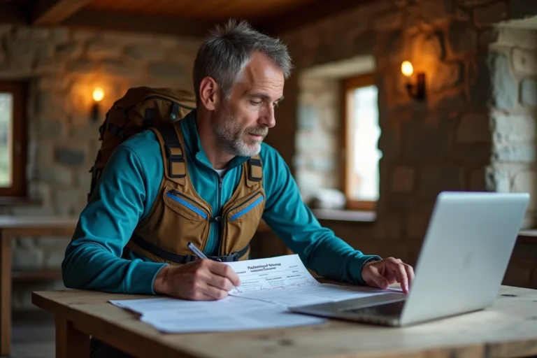 Coureur de trail consultant son dossier d'inscription à la Diagonale des Fous sur une table en bois dans un refuge de montagne