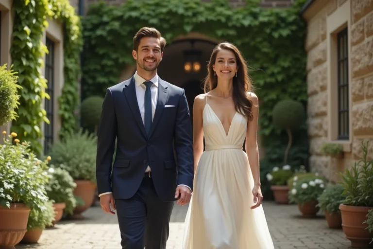 Jeune couple en robe et costume dans un jardin après mariage