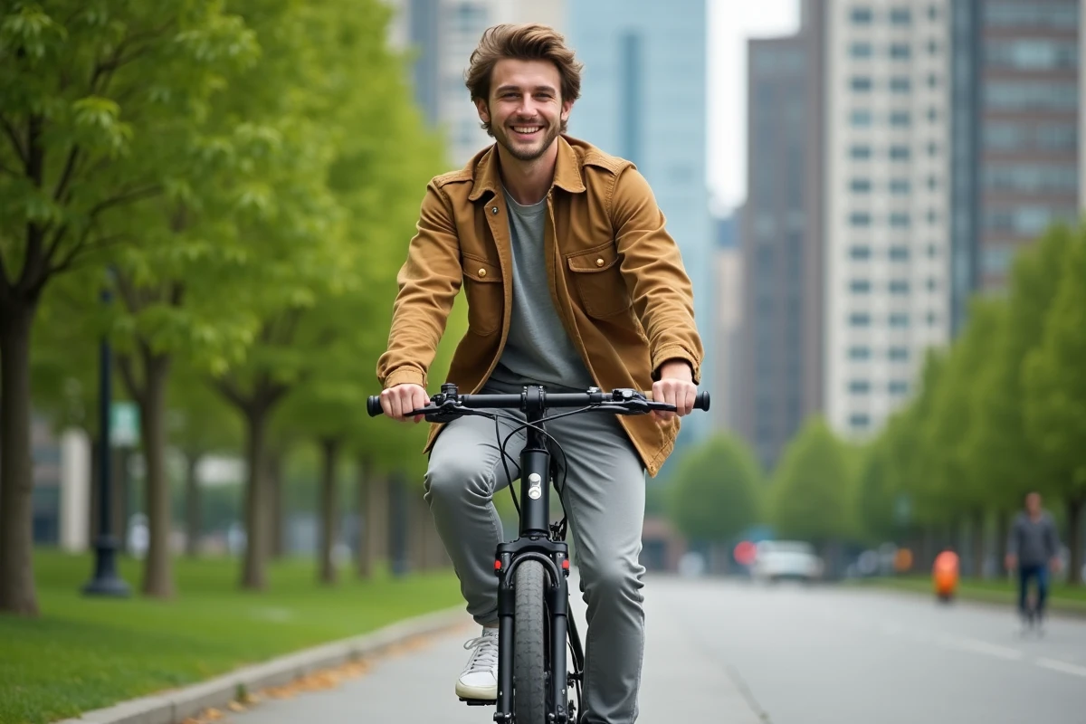 Jeune homme à vélo électrique dans un parc urbain