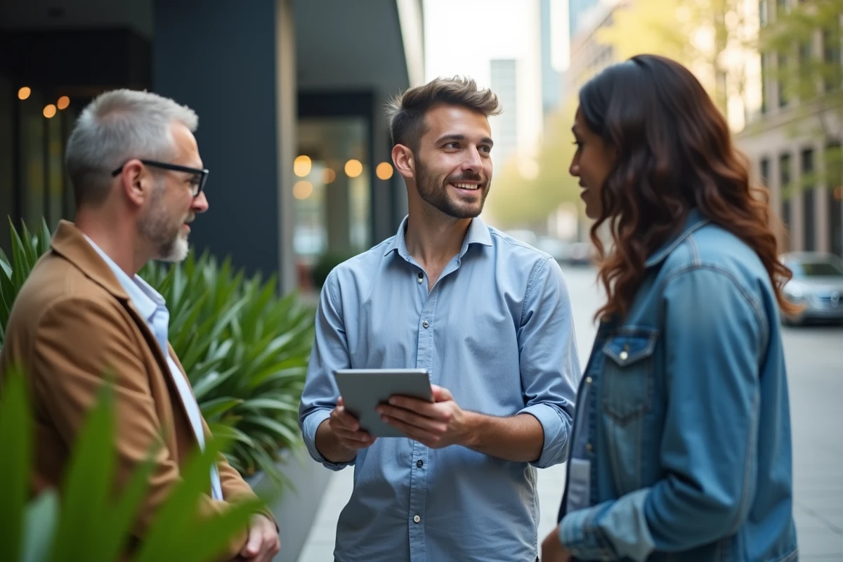 Jeune entrepreneur présentant des chiffres à une équipe en extérieur