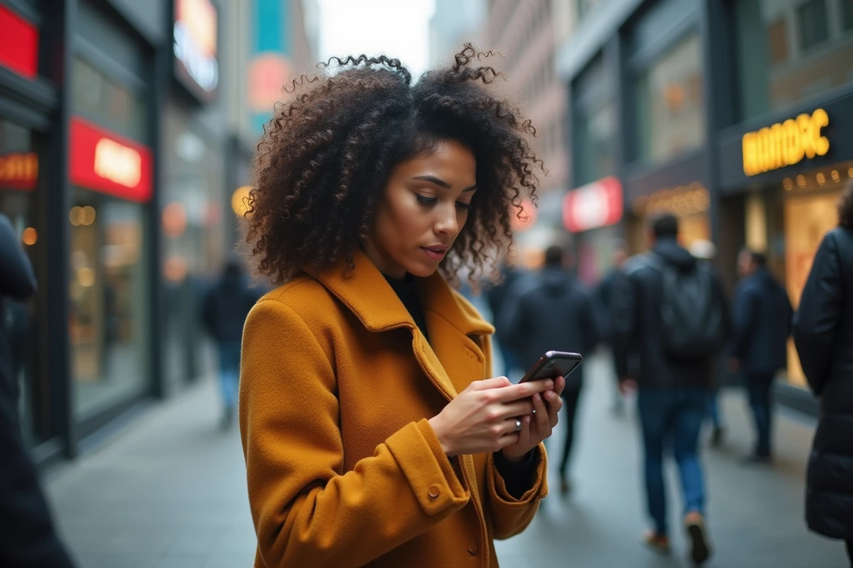 Jeune femme consultant les dernières actualités sur son smartphone dans une rue animée de la ville