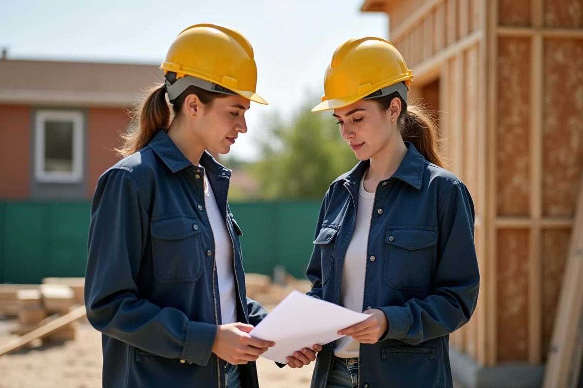 jeune femme artisan examine des documents sur un chantier en plein air