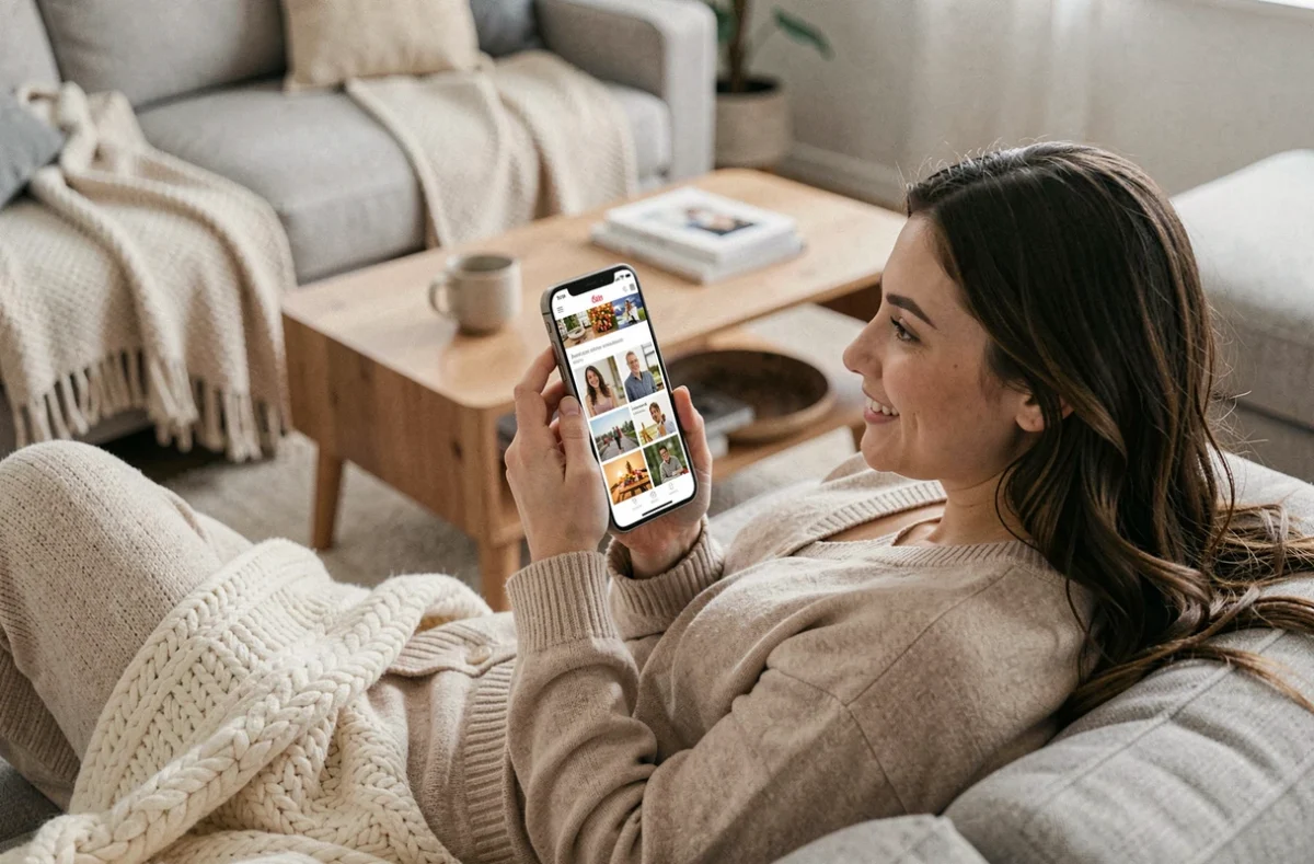 Jeune femme découvrant les fonctionnalités du site c-fun.fr sur smartphone depuis son canapé