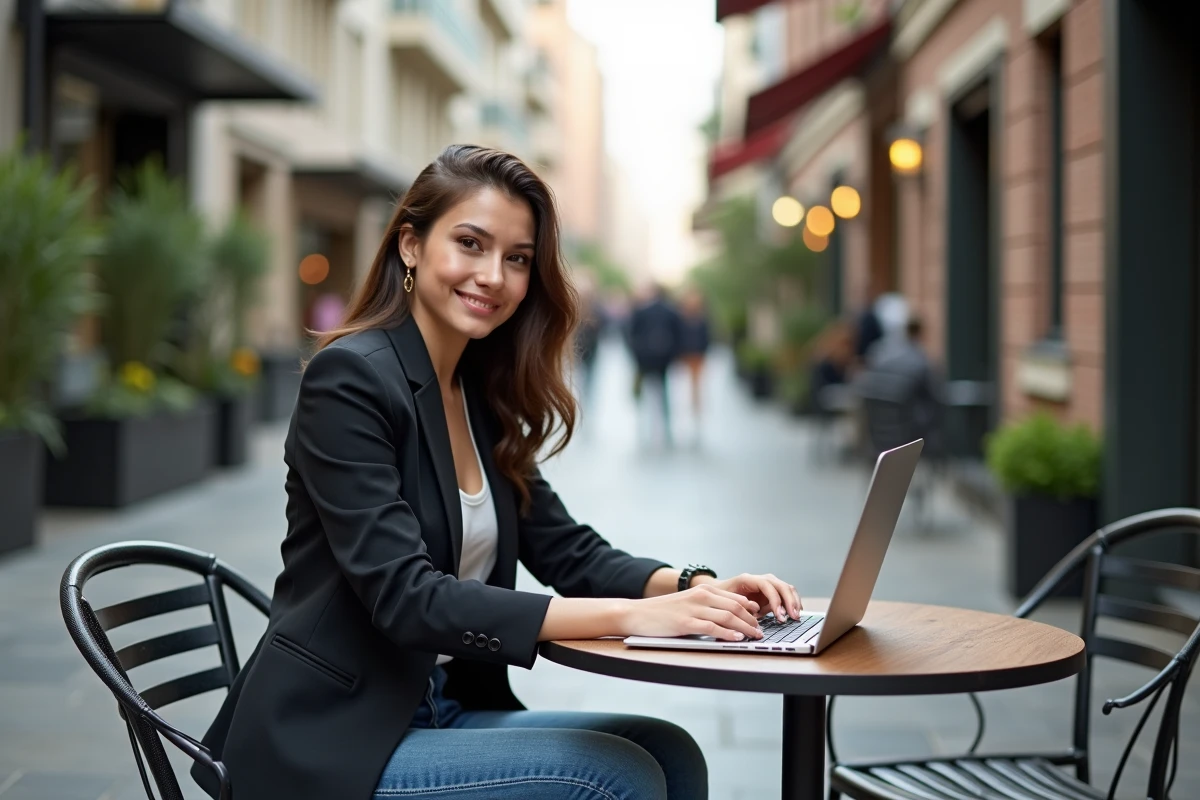Jeune femme entrepreneure travaillant sur son ordinateur en extérieur
