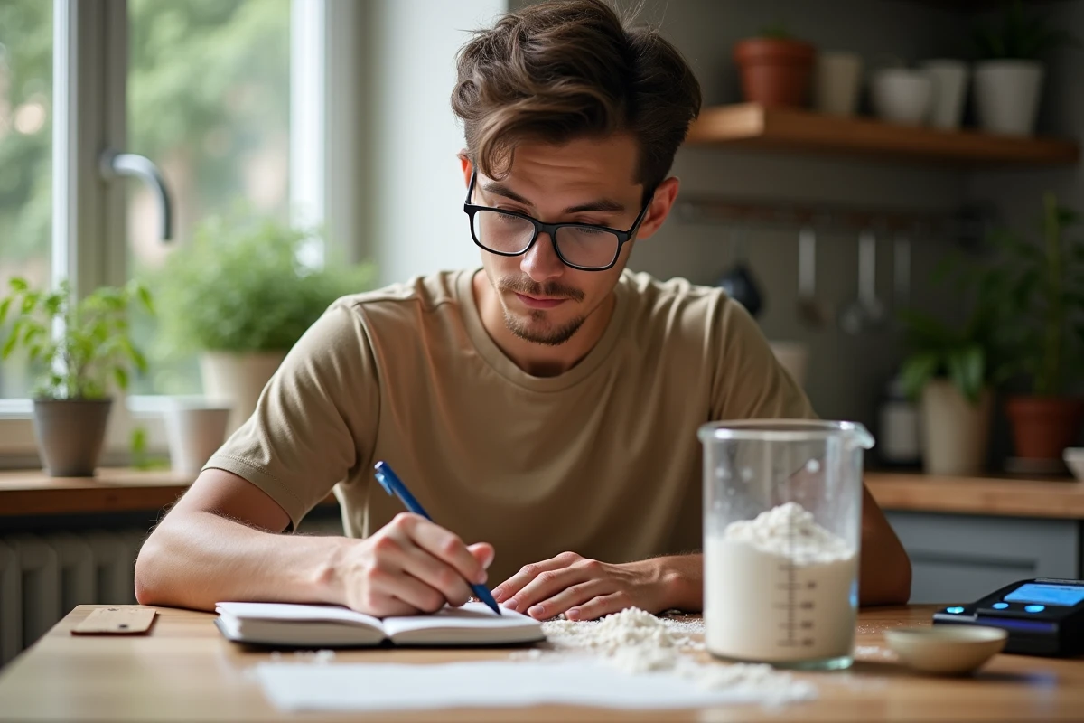 Jeune homme prenant des notes avec un bécher de farine