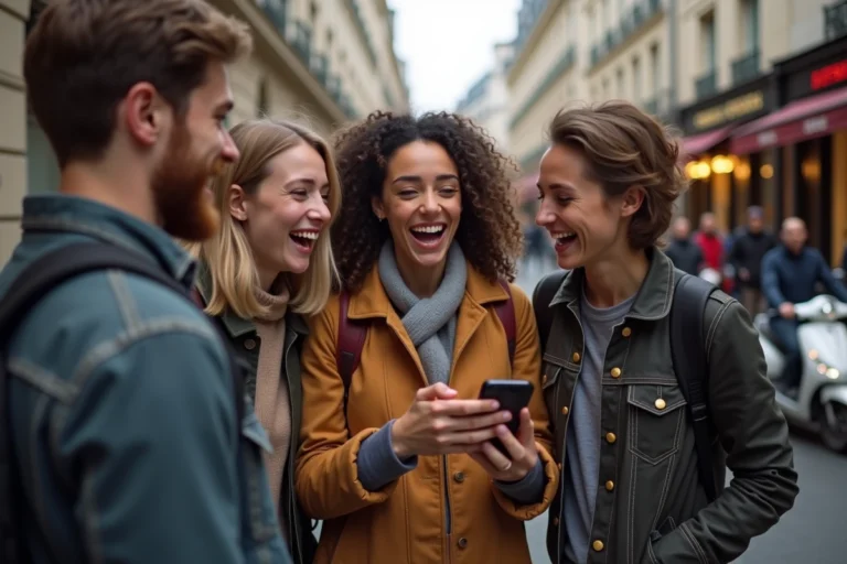 Jeunes adultes riant autour d'un smartphone dans Paris