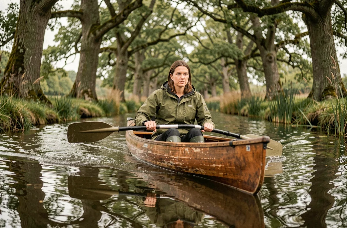 Femme faisant du kayak dans un estuaire breton entouré de forêts et de zones humides naturelles