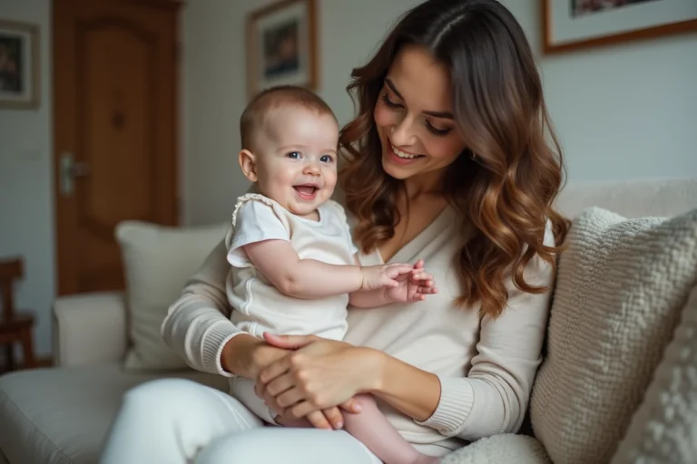 Jeune maman souriante avec son bébé dans un salon chaleureux