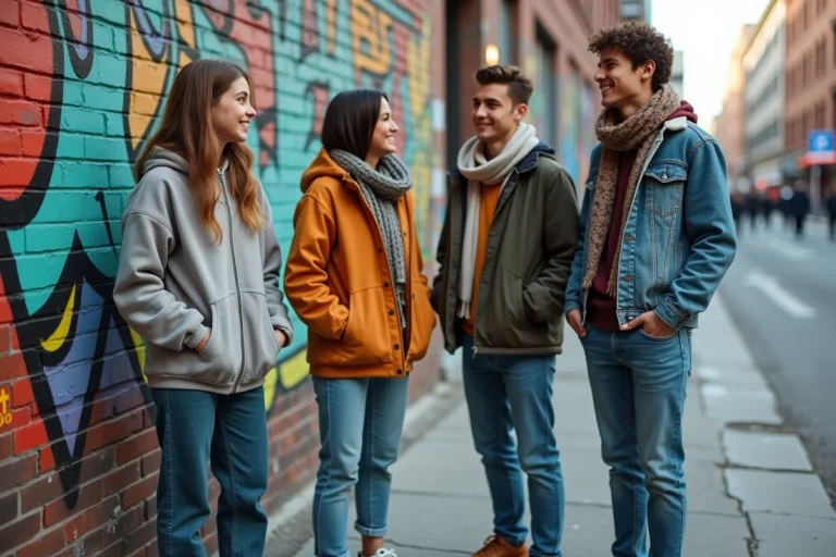 Groupe de quatre adolescents aux styles vestimentaires variés devant un mur de graffitis urbain, illustrant l'influence de la mode sur l'identité des jeunes