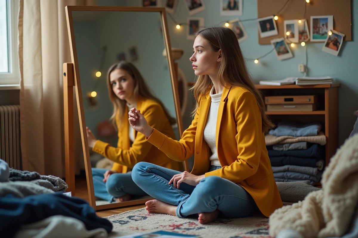 Jeune femme assise entourée de vêtements dans sa chambre, se regardant dans un miroir en tenant un blazer, reflétant la quête identitaire liée à la mode chez les adolescents