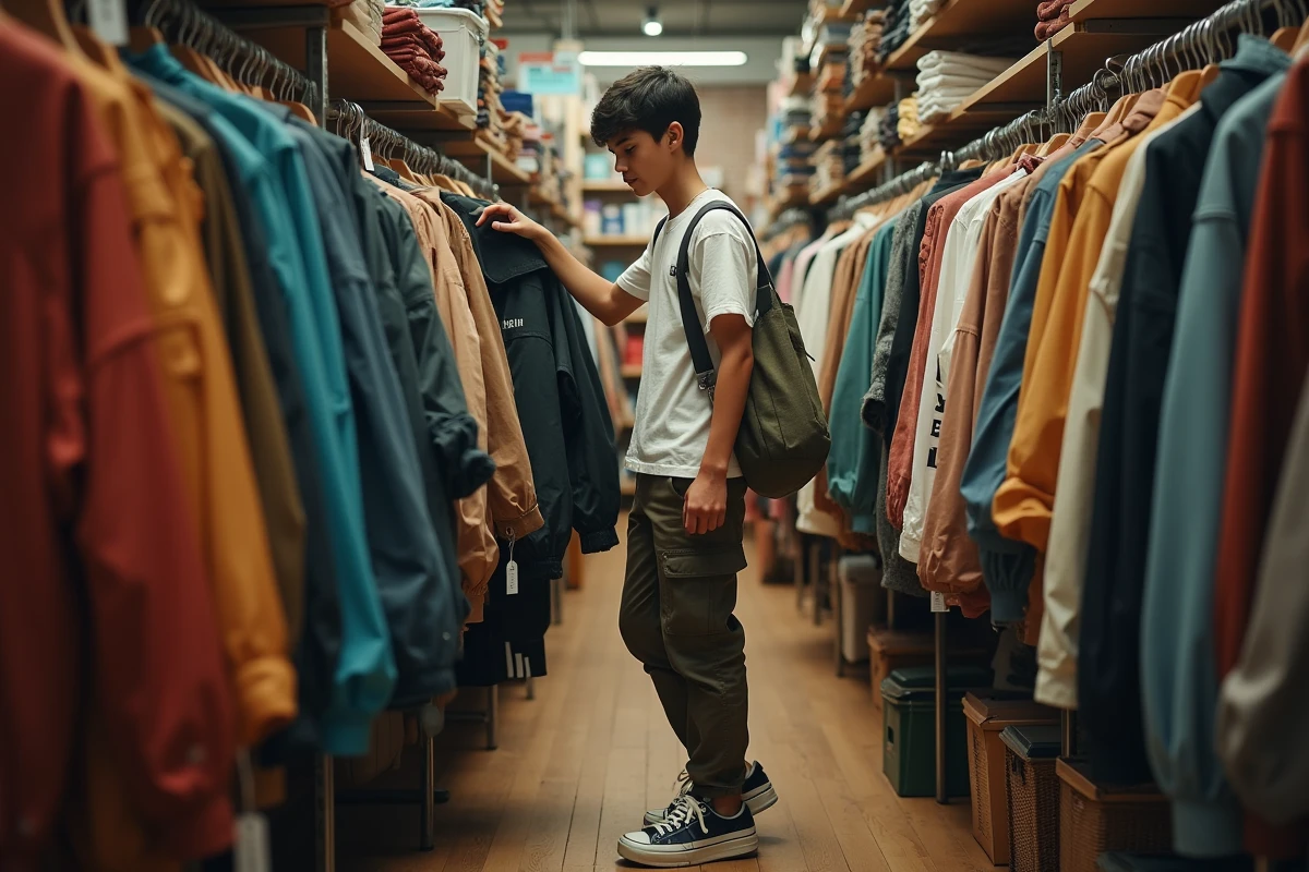 Jeune homme explorant des vêtements vintage dans une friperie, illustrant la tendance de la mode durable et de la seconde main chez les jeunes générations