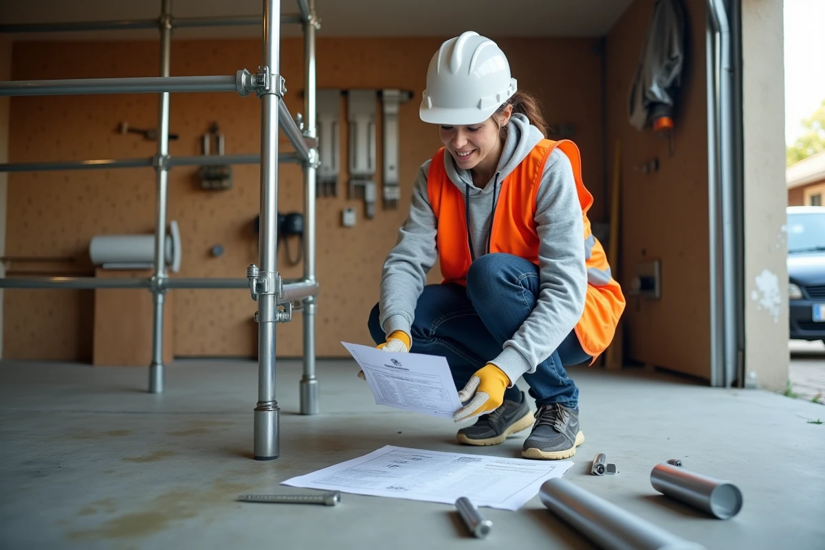 Femme avec casque de chantier consultant une notice de montage d'échafaudage loué chez Leroy Merlin dans un garage