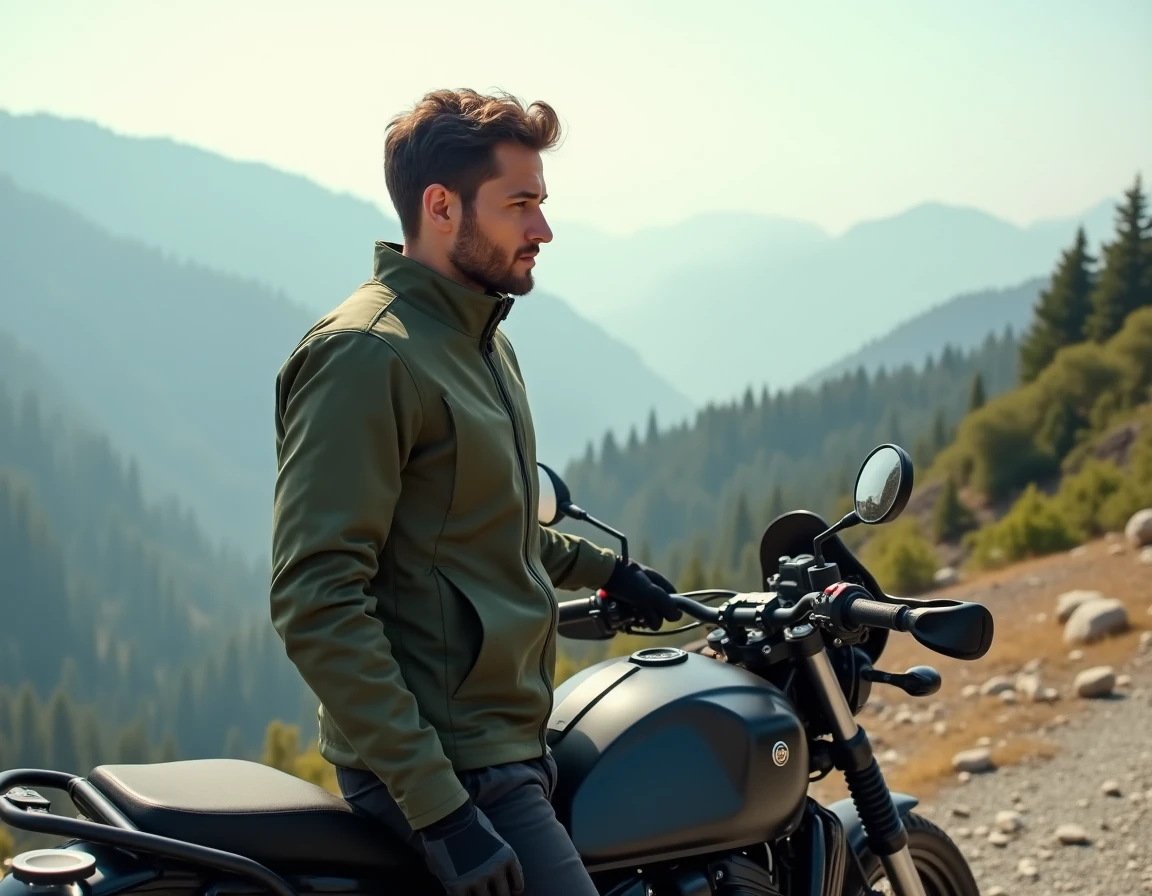 Motard en veste textile verte posant avec une moto adventure touring sur un belvédère montagneux en gravier