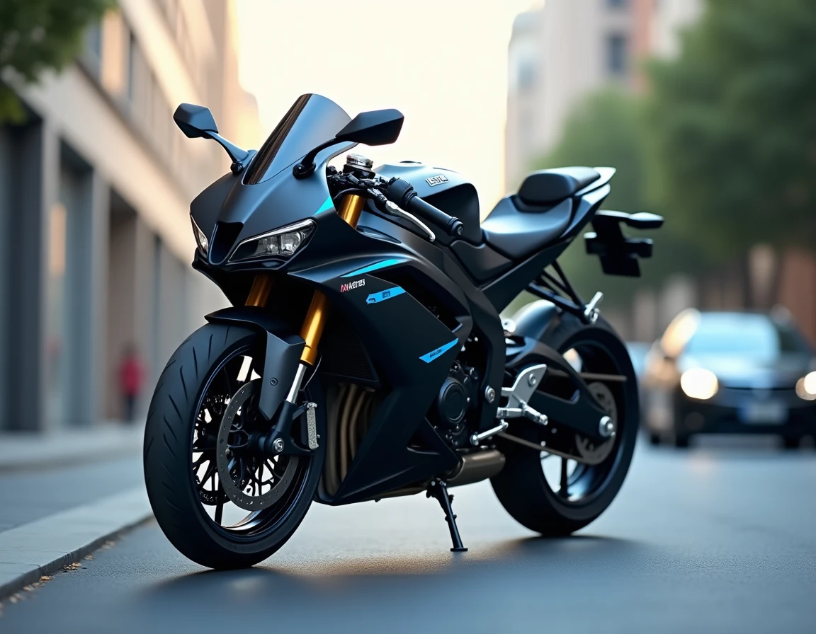 Moto sportive moderne noire et bleue garée dans une rue urbaine, vue en perspective 3/4 basse mettant en valeur son design agressif