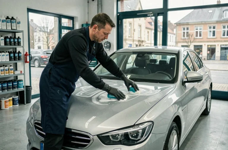 Technicien en nettoyage automobile appliquant un produit écologique sur une berline argentée dans un garage professionnel à Metz