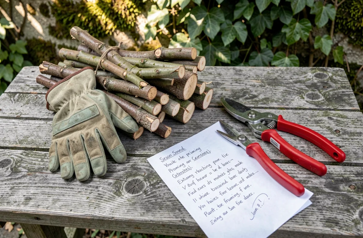 Sécateur et gants de jardinage posés sur des rameaux de mûrier fraîchement taillés