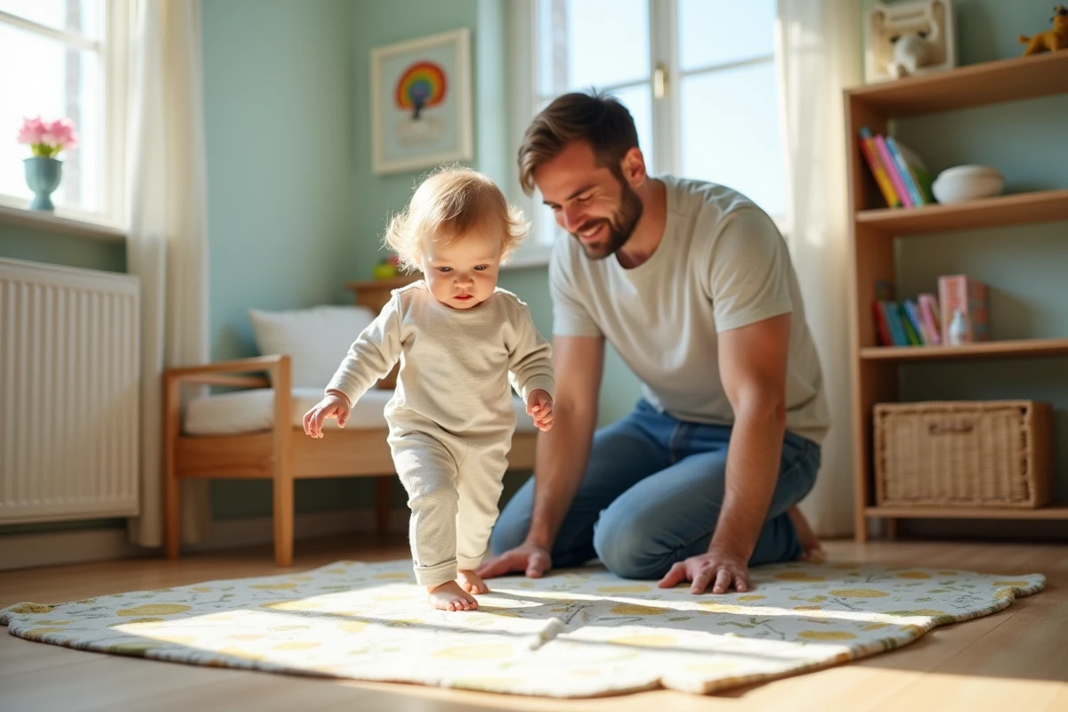 Père encourageant sa fille lors de ses premiers pas dans la nurserie