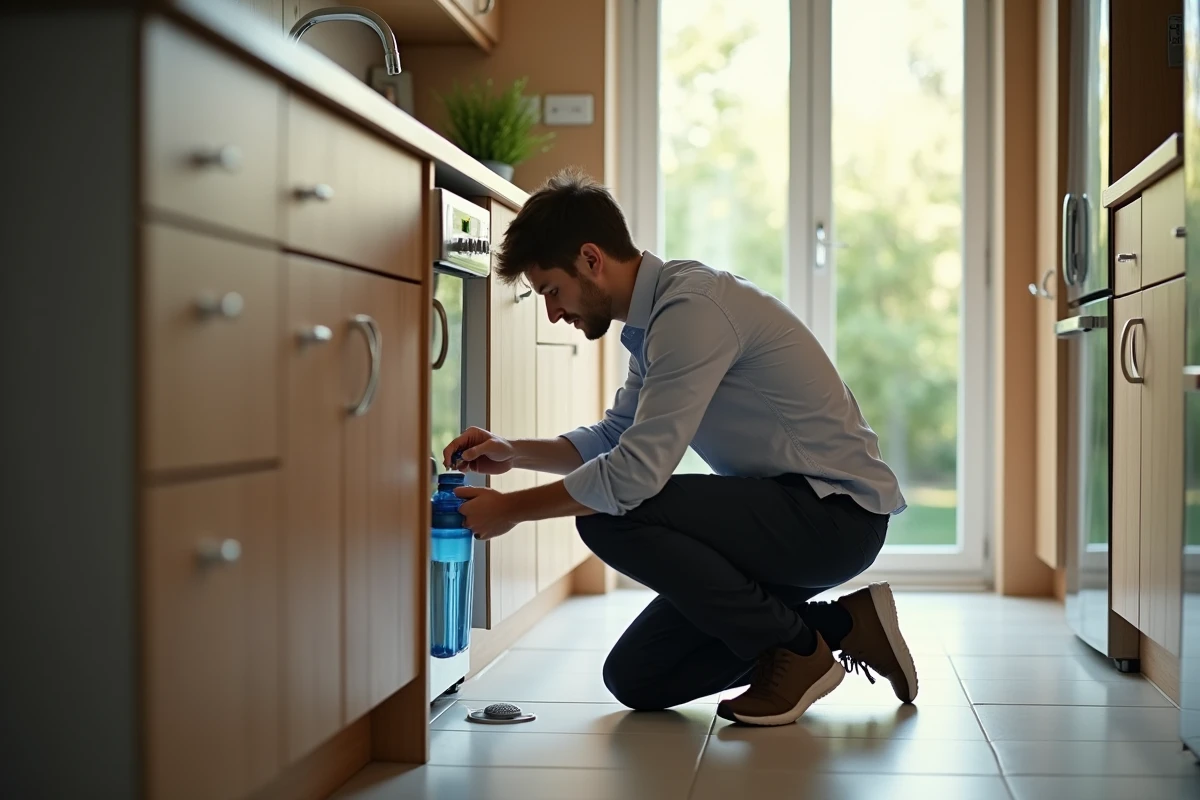 Jeune père installant un filtre à eau sous l