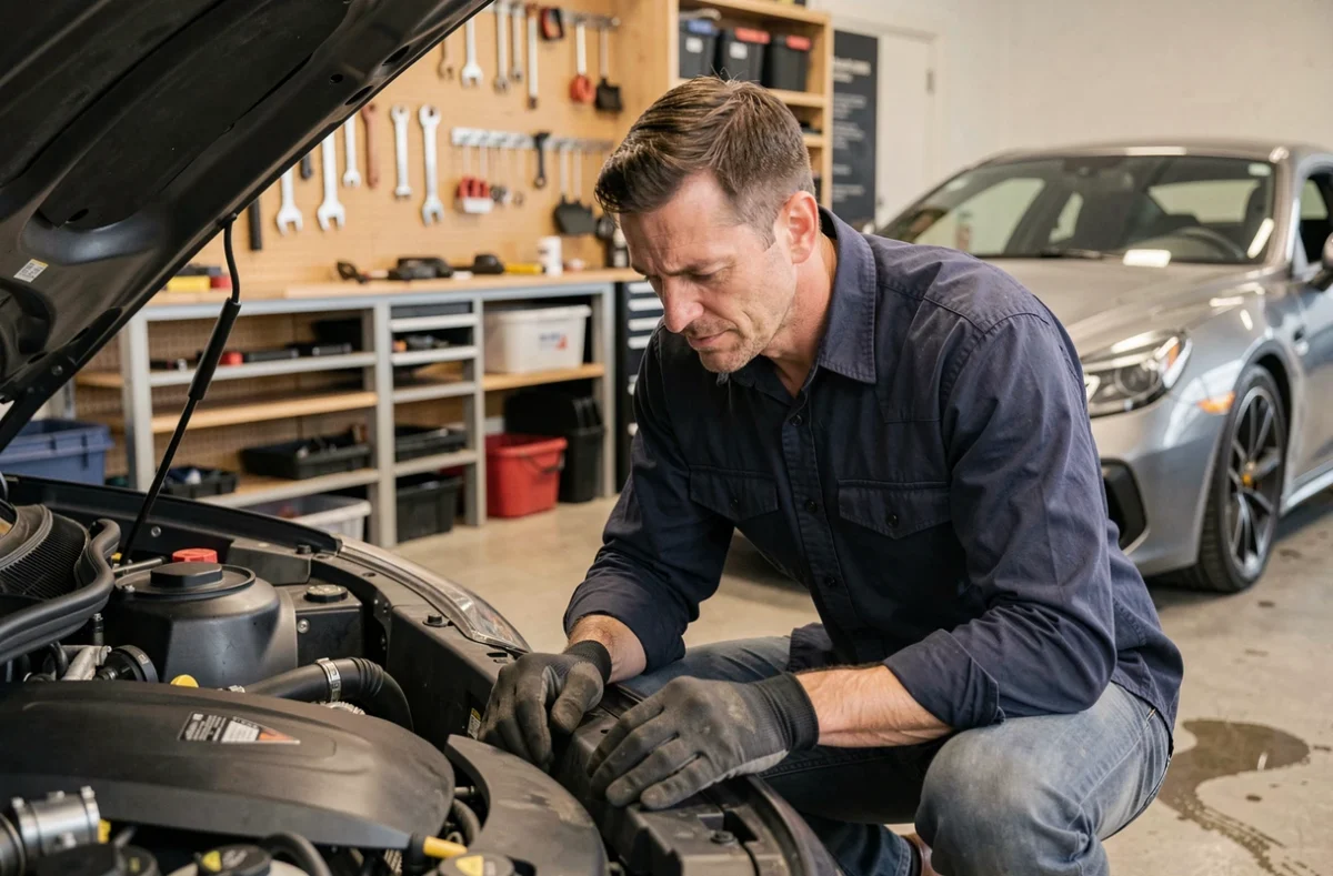 Passionné d'automobile inspectant le moteur d'une voiture de sport dans un garage privé bien équipé
