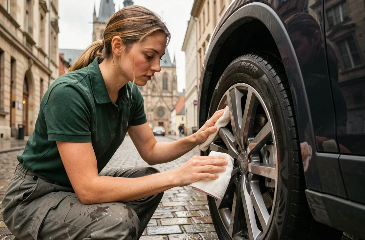 Spécialiste féminine polissant une jante alliage d'un SUV sur les pavés du centre-ville de Metz avec la cathédrale en arrière-plan