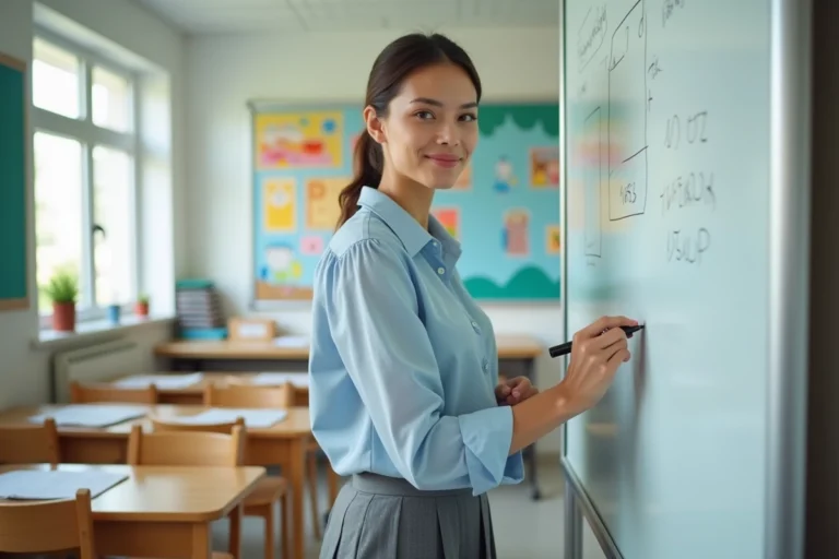 Professeure en classe écrivant au tableau blanc
