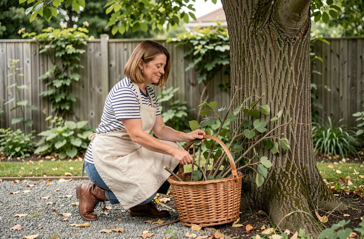 Femme ramassant les branches taillées d'un mûrier platane dans un panier en osier au jardin