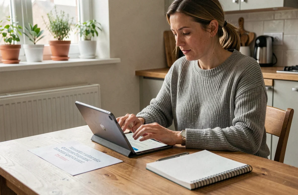 Femme recherchant un artisan chauffagiste en ligne sur une tablette dans sa cuisine, comparant des devis
