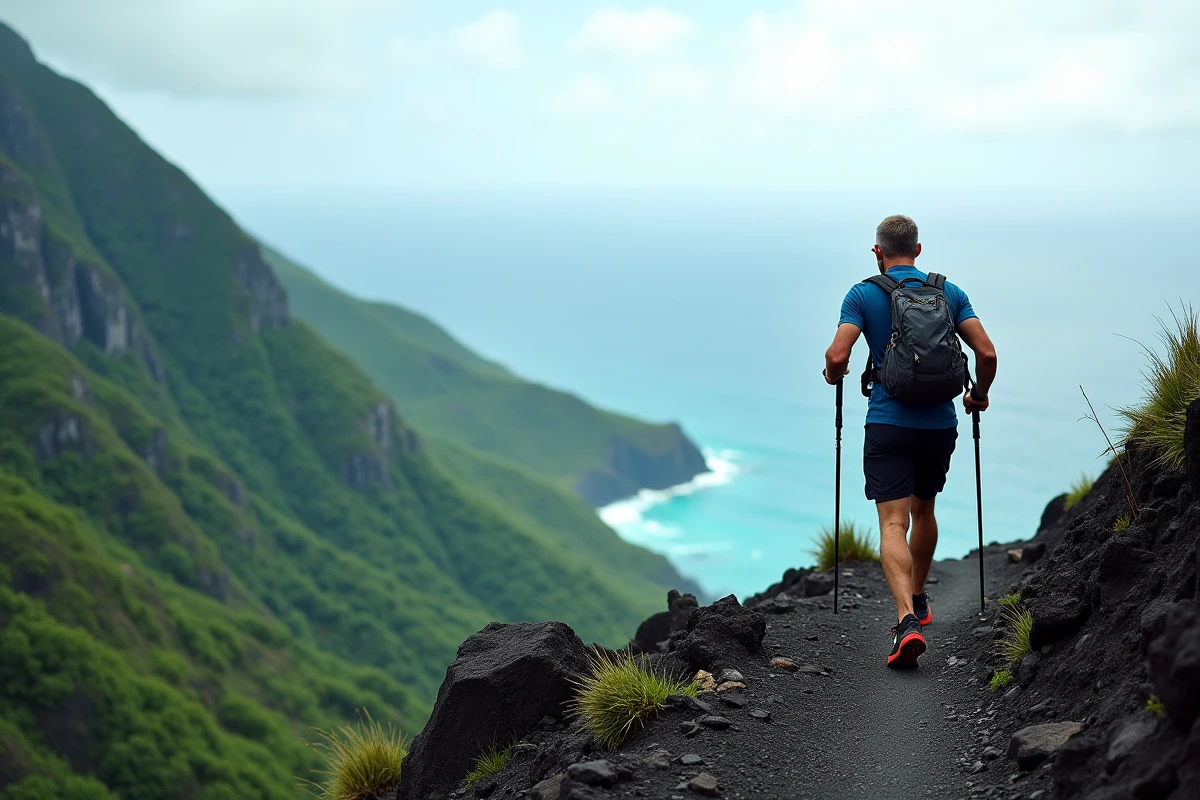 Coureur sur un sentier volcanique de l'île de La Réunion avec vue panoramique sur l'océan Indien lors d'un entraînement pour la Diagonale des Fous