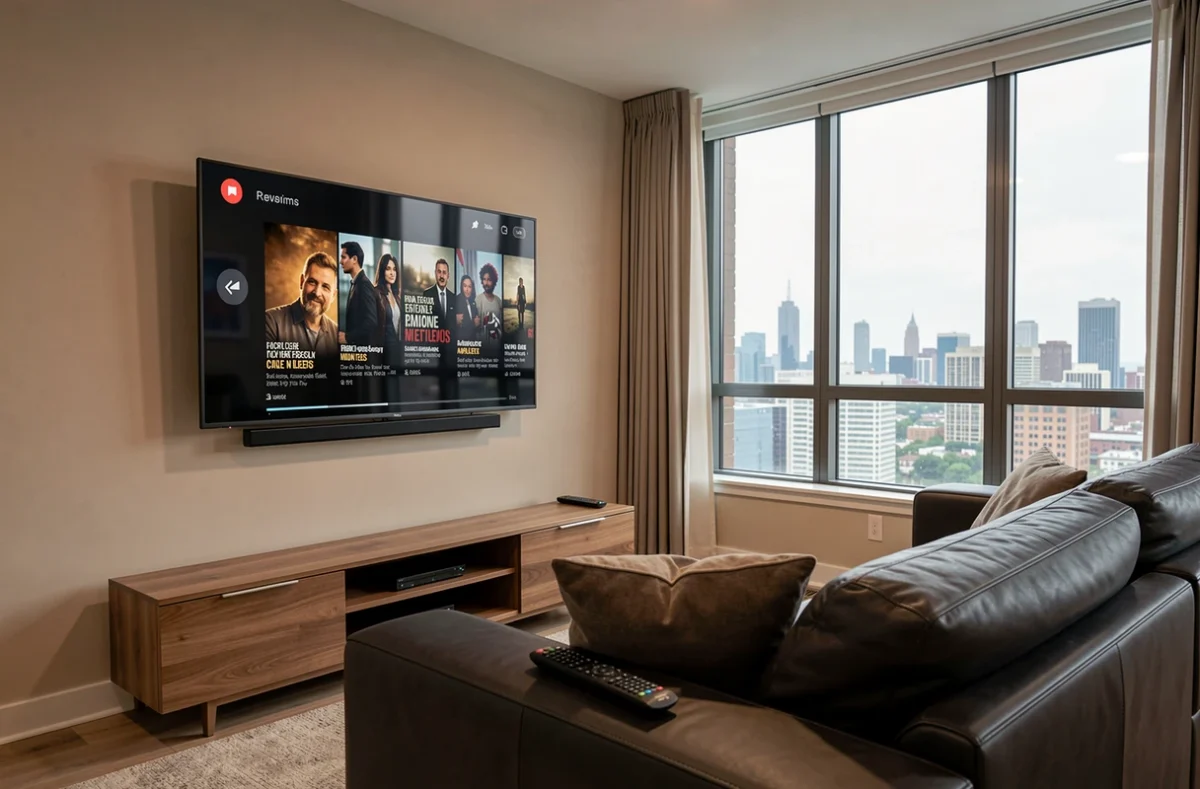Télévision affichant une interface de streaming avec des séries dramatiques disponibles sur Netflix dans un salon contemporain