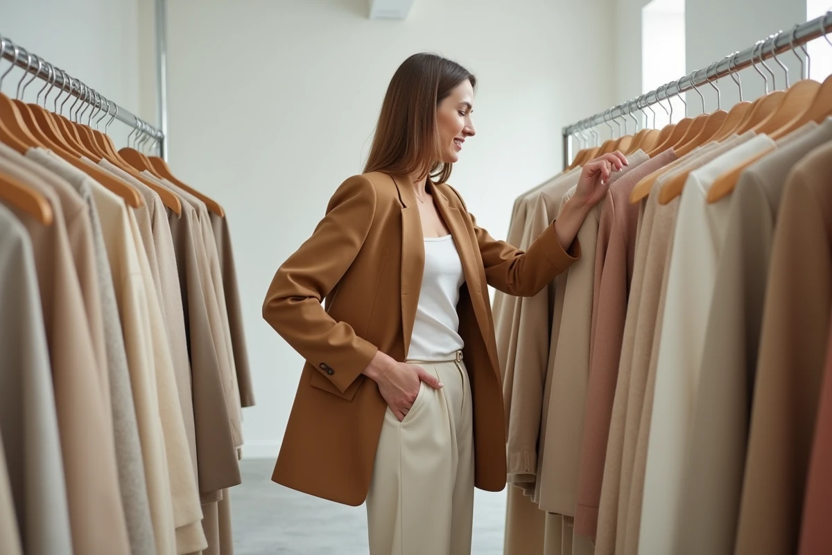 Femme élégante en blazer camel et pantalon large dans une boutique de mode minimaliste parisienne, tendances mode saison