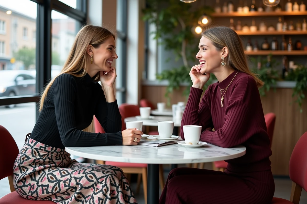 Deux femmes aux styles contrastés discutant mode dans un café contemporain, tendances vestimentaires féminines de saison