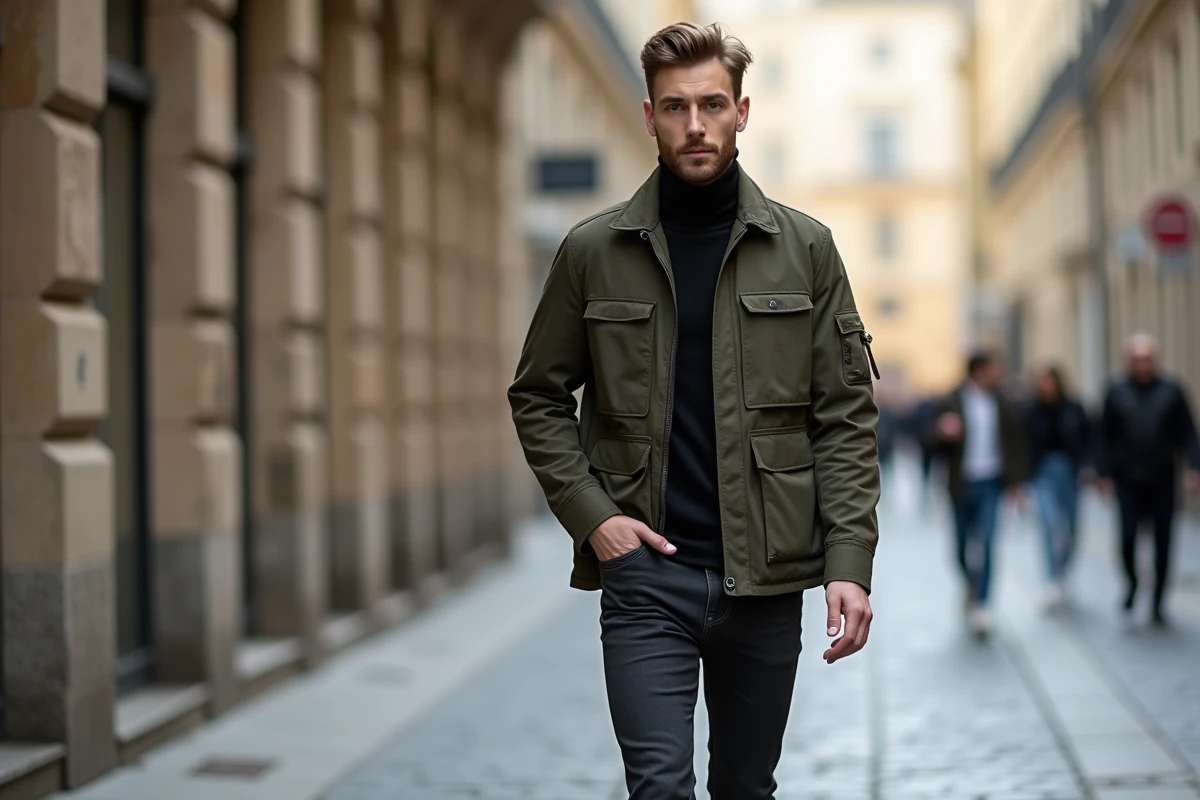 Homme en veste utilitaire olive et sneakers blanches dans une rue pavée européenne, style mode masculin tendance