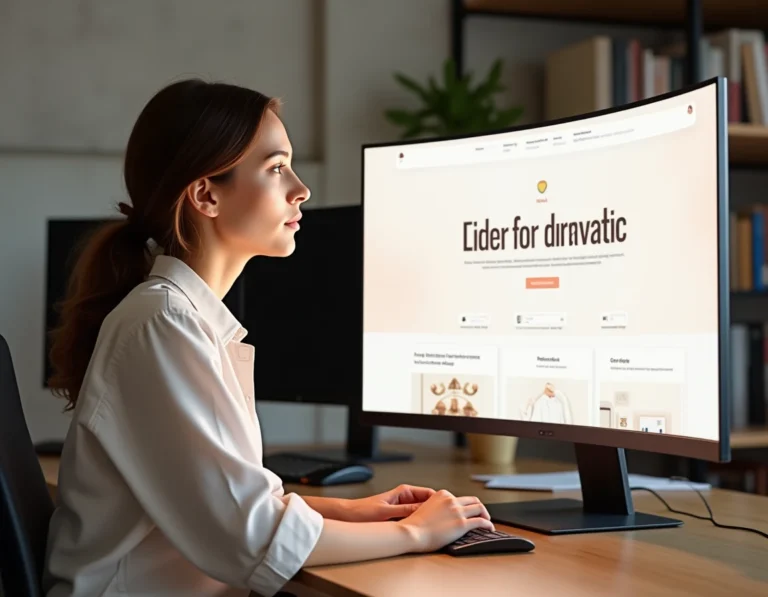 Femme professionnelle explorant les dernières tendances du web sur un grand moniteur dans un studio moderne