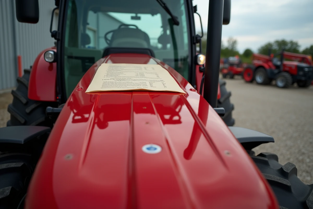 Tracteur agricole neuf avec fiche de prix et spécifications techniques visible sous l'essuie-glace dans une cour de concession