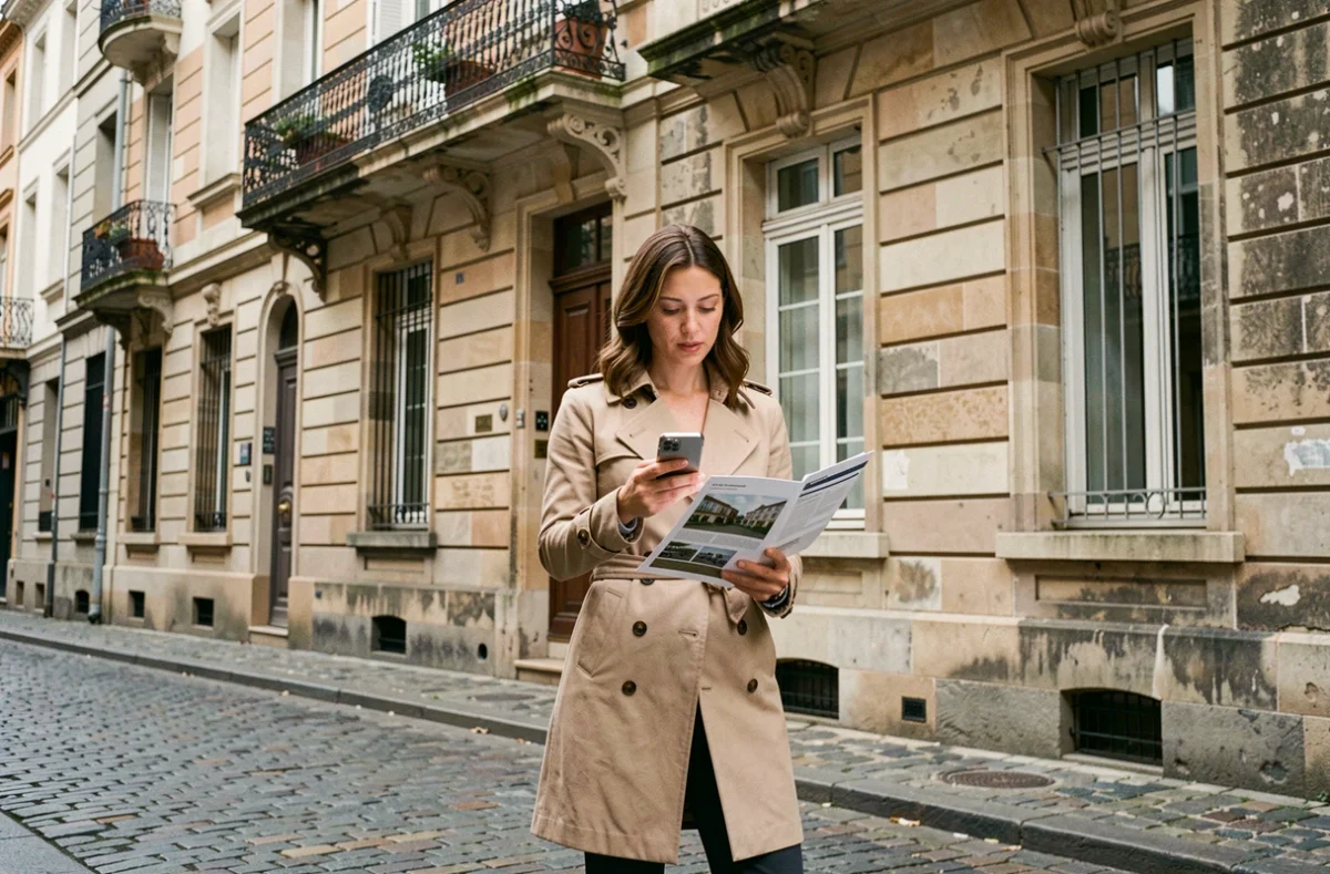 Femme consultant un dossier immobilier devant un immeuble haussmannien à Lyon Croix-Rousse